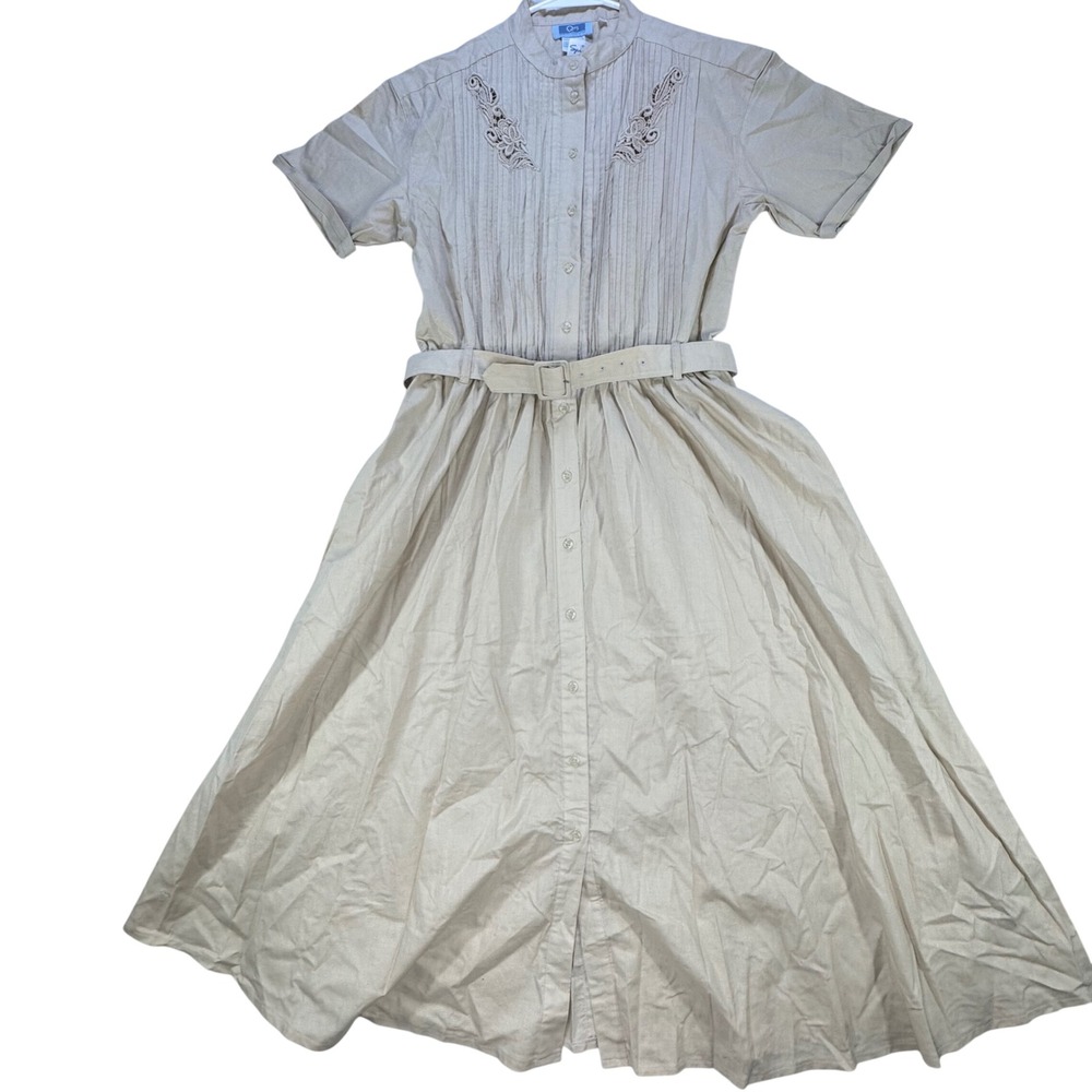 Vintage 90's Shirt Dress Womens 14 Beige Pintuck Lace Belted Cottagecore